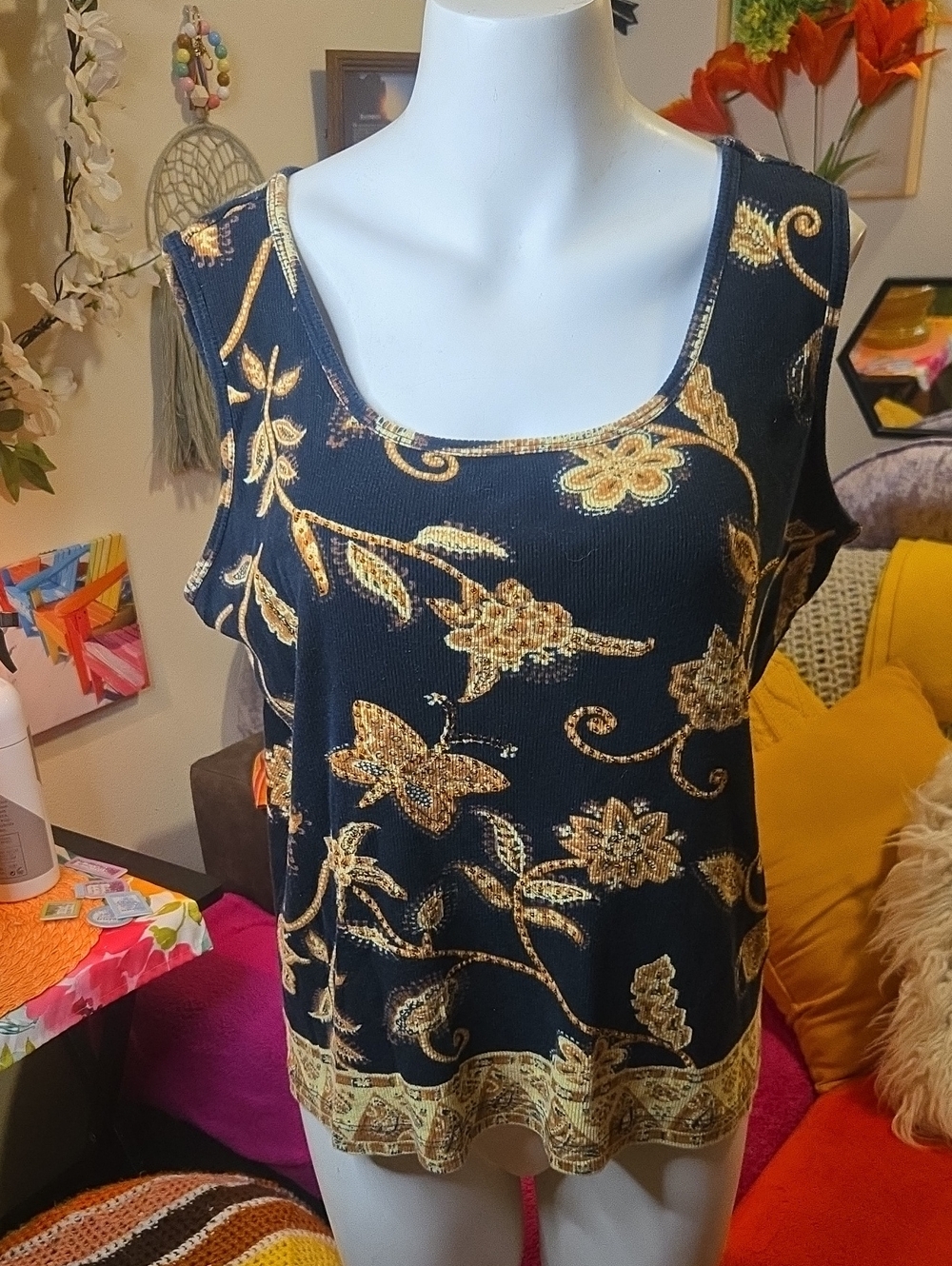 White Stag Black & Gold Floral Shimmer Tank Top | XL 16/18